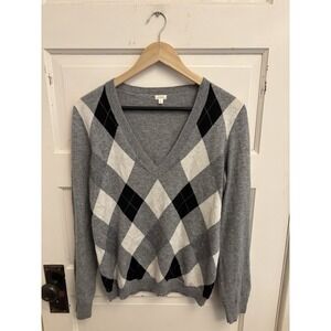 J. Crew Women's Gray Argyle Wool Cashmere Blend Sweater V-Neck Y2K Size Large
